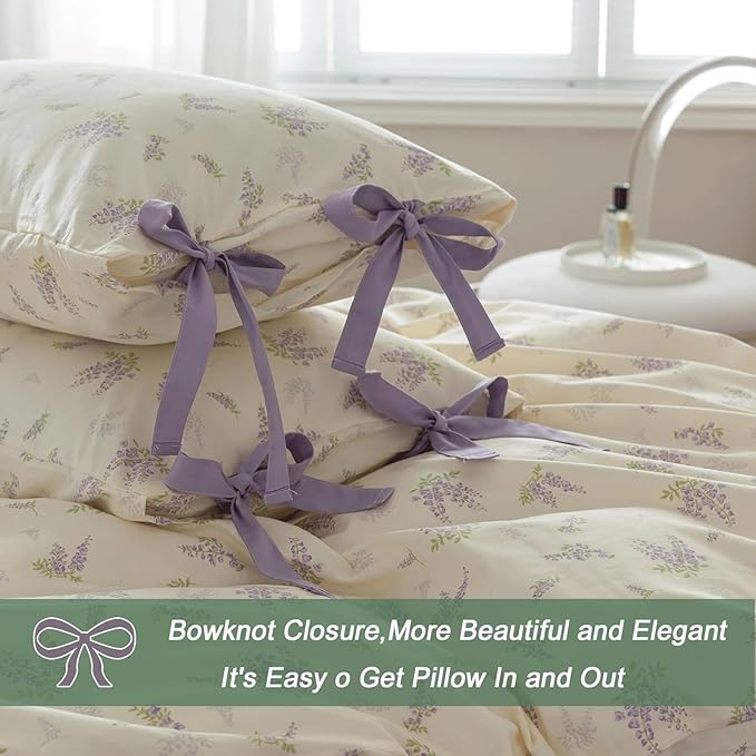 Purple Flower Duvet Cover Set Full 3 Pieces Lavender Floral Duvet Cover with Bow Ties,Cottagecore Bedding Set 100% Cotton Vintage Country Comforter Cover for Teens Girls without Filling-80"x90"