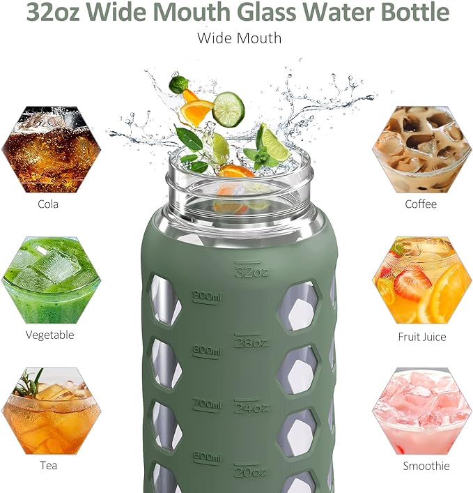 MUKOKO 32oz Glass Water Bottles with 2 Lids-Handle Spout Lid&Bamboo Straw Lid, Motivational Water Tumbler with Time Marker Reminder and Silicone Sleeve, Leakproof-Olive-1 Pack