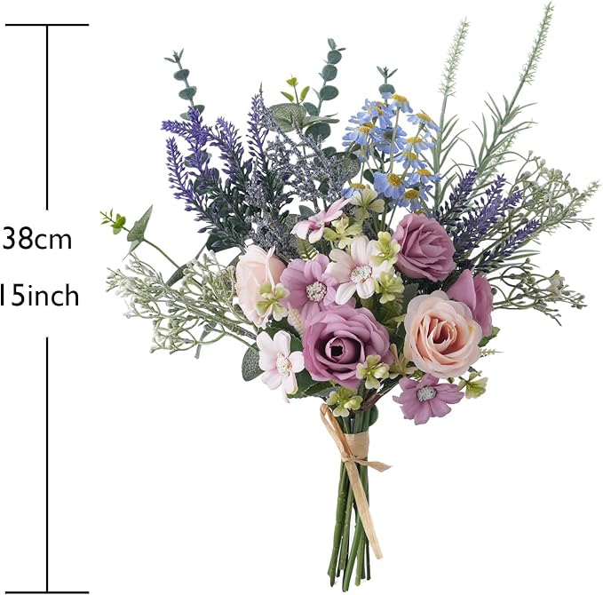 15 Inch Artificial Silk Flowers Bouquet with Roses, Eucalyptus, Baby's Breath, Daisies, Lavender, Sage & Chamomile - Realistic Faux Floral Arrangement for Home Decor Centerpiece