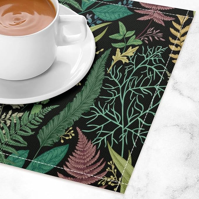 Leaf Placemats Set of 8, 17x12 Inch Vintage Natural Botanical Herbal Green Leaves Table Mats for Home Party Kitchen Dining Decor