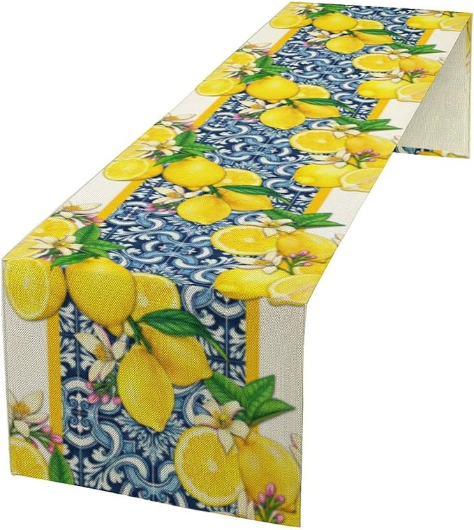Lemon Table Runner ,Summer Blue Tiles Lemons Kitchen Dining Table Decoration Lemons Table Cover for Indoor Outdoor Home Party Decor, 13 x108 Inch