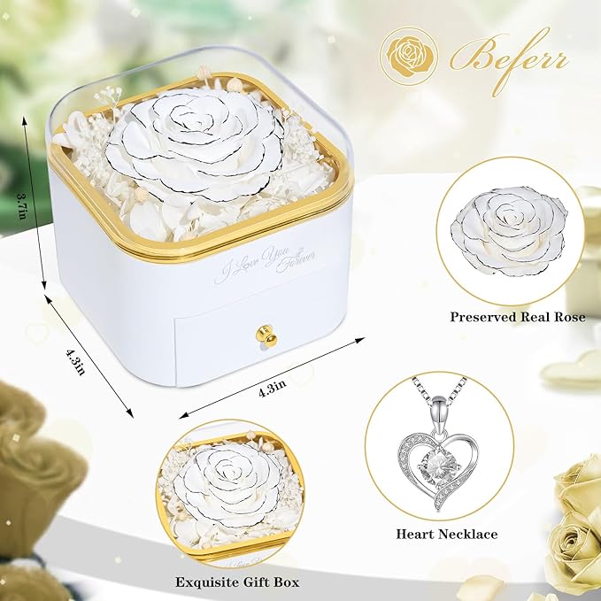 Beferr Birthday Gifts for Women Preserved Real Rose with Necklace Eternal Roses Forever Flowers for Delivery Prime Christmas Day Gifts for Mom Grandma Wife Sister Her from Daughter