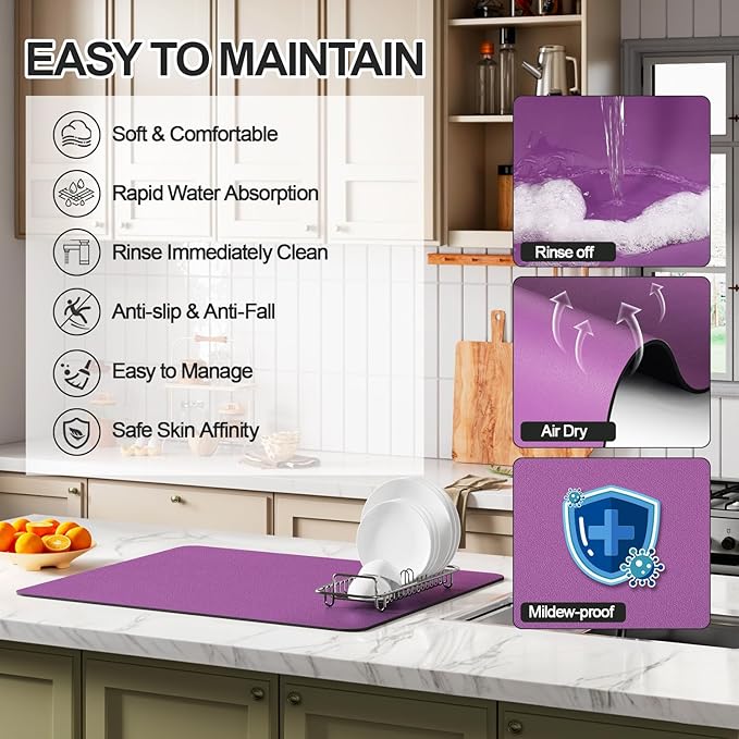 Dish Drying Mat for Kitchen Counter | Coffee Bar Mat for Countertops | Heat Resistant Drainer Mat with Non-slip Rubber Backed | Hide Stain Kitchen Absorbent Draining Mat | Purple 18"x28"