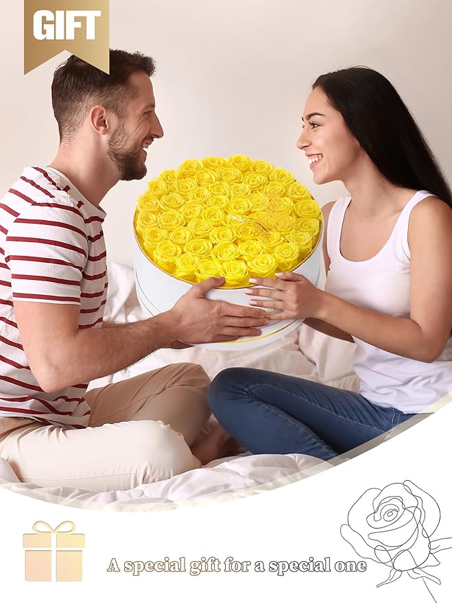 Preserved Roses Forever Flowers Real Roses in a Box Mother's Day Birthday Flowers for Her Mom Women Wife Valentine's Day, Yellow, 47 Piece