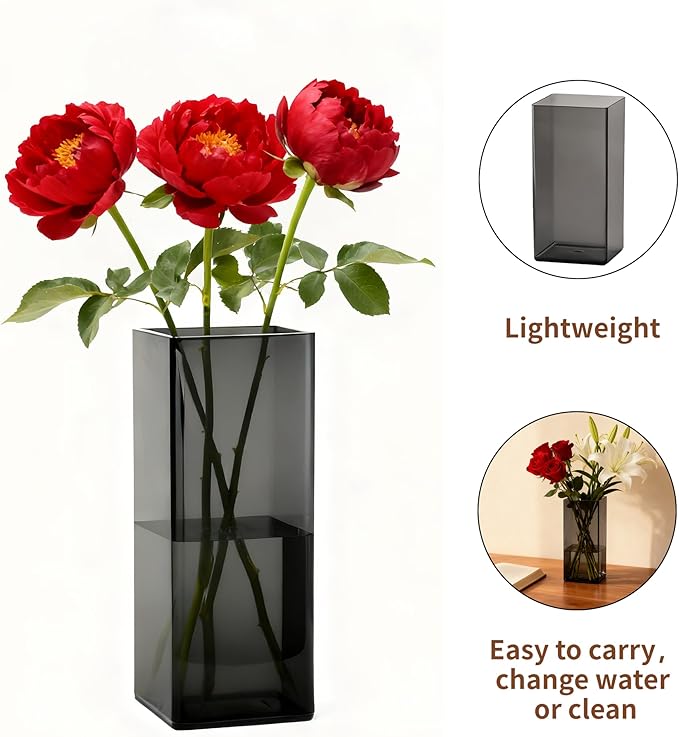 Acrylic Square Flower Vase, Non-breakable Vase, 5" x 5" x 10" Tall Grey Vases for Flower, Large Cube Floral Plant Container, Planter Terrarium for Wedding Party Event, Home Office Decor