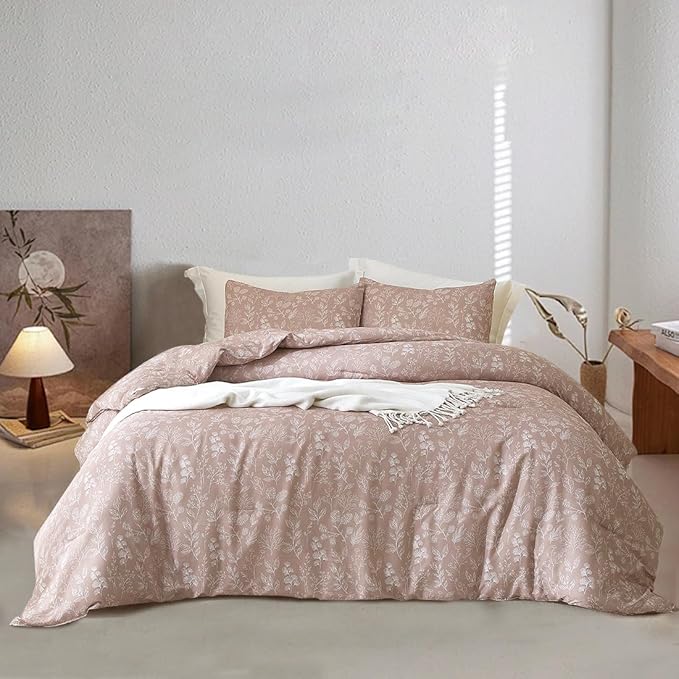 EAVD Vintage Style Garden Floral Duvet Cover Queen Grey Pink Soft Cotton Chic Cute Floral Bedding Set with 2 Pillowcases Botanical Duvet Cover with Zipper Closure