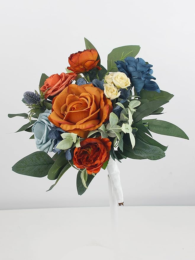 Rinlong 1Pc Fall Wedding Bouquets for Bridesmaids Bride Terracotta Navy Blue Artificial Bridesmaid Bridal Bouquet for Wedding Prom Burnt Orange Navy Blue