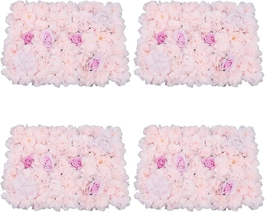 16"x 24" Artificial Flower Wall Panels,Flower Wall Mat Silk Flower Panels for Outdoor Garden Backyard Fence Fence Privacy Screen and Indoor Wall Decor (4Pcs Rose+Light Pink+Champagne)