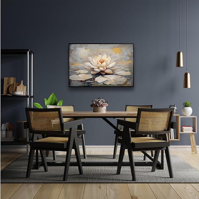 Ethereal white lotus floating on Crystal Waters poster vintage oil painting printwall art soft blush and gold accents serene home and office decor dreamy 20x30in Metal blackFramed