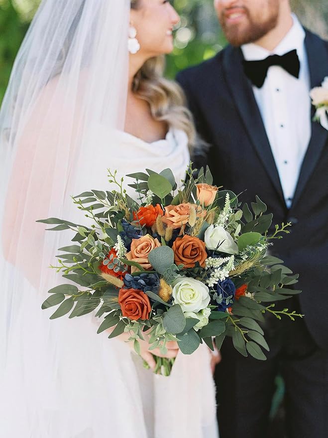 Rinlong Fall Wedding Bouquets for Bride Navy Blue Burnt Orange Bridal Bouquet for Wedding Terracotta Bouquets Boho Artificial Flowers