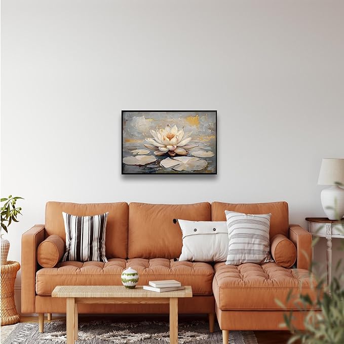 Ethereal white lotus floating on Crystal Waters poster vintage oil painting printwall art soft blush and gold accents serene home and office decor dreamy 12x18in Metal blackFramed