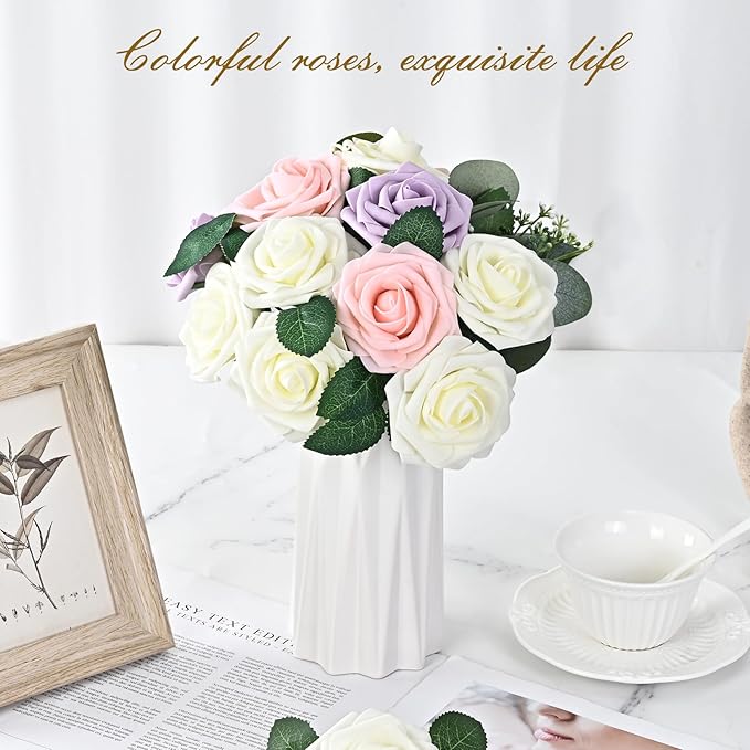BLEUM CADE 16Pcs Artificial Flowers Fake Roses with Stems, Ivory White Boxed Foam Roses for DIY Bouquets Centerpieces Wedding Party Arrangement Bridal Shower Decor
