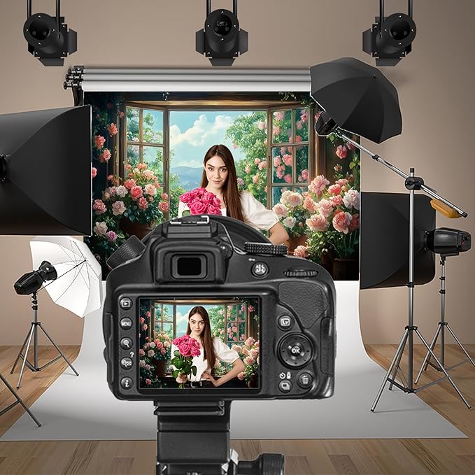 Baocicco 10x7ft Flowers Windowsill Photography Background Spring Floral Retro Oil Painting Photo Backdrop for Valentines Mothers Day Birthday Wedding Party Decorations Girls Women Portraits