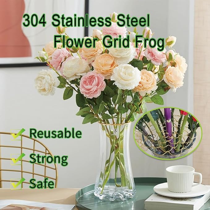 [Upgrade] 4 PCS Floral Grid for Vase, Bold Easy Arranger Flower Grid Frog Wire Flower Arranging Tool, Reusable Stainless Steel Flower Lid Arranger for Vase Floral Stems Bouquets Plant Fixation Gold
