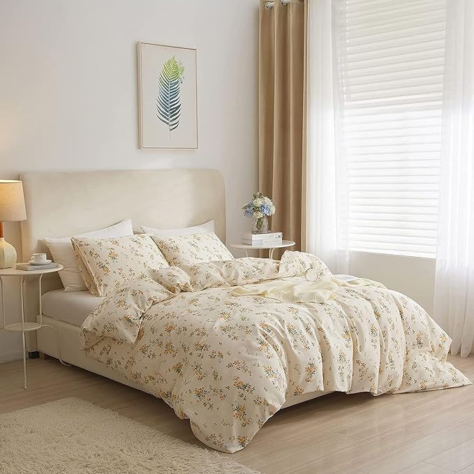 HighBuy French Botanical Comforter Set Full Yellow Floral Printed Bedding Comforter Set with 2 Pillowcases for Full Bed Set 3 Piece Fluffy Comfy Comforter Sets Cute Floral Luxury Soft
