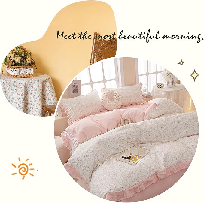 Pink Floral Duvet Cover Queen Chic Flower Print Ruffle Duvet Cover Cotton Lace Comforter Cover Country Style Floral Bedding Set Girls Ruffle Comforter Cover Flower Queen Duvet Cover with 2 Pillowcases