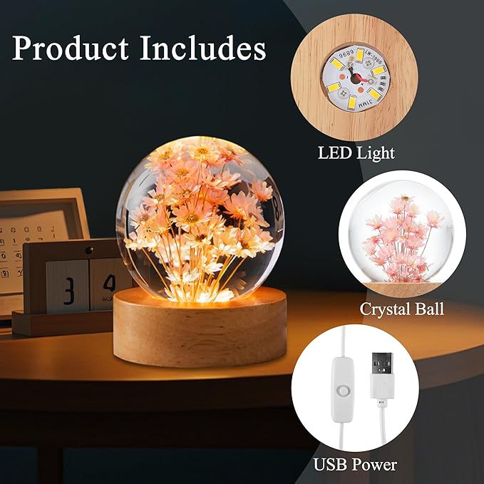 Daisy Decor Gifts,Daisy Flower Lamp Crystal Ball Night Light,2.4 Inch Glass Ball Lamp with LED Wooden Base,Soft Warm White Lighting for Women Best Friends Sister Birthday Xmas Aesthetic Gift(Red)