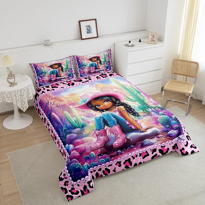 Western Cowgirl Comforter Set Twin Size,Reversible Cute Girl Cactus American Style Bedding Set for Kids Boys Men,African Pink Leopard Print Plaid Black Quilted Duvet Set with 1 Pillowcase
