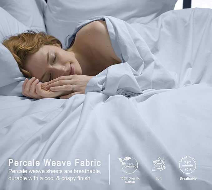 RUVANTI 100% Organic Cotton Sheets King Size, Percale Weave, GOTS Certified, 4-Piece Set, Deep Pocket 15", Crisp & Breathable, Soft Durable Bedding, Sábanas Algodón Orgánico – Arctic Ice