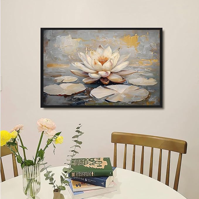 Ethereal white lotus floating on Crystal Waters poster vintage oil painting printwall art soft blush and gold accents serene home and office decor dreamy 12x18in Metal blackFramed
