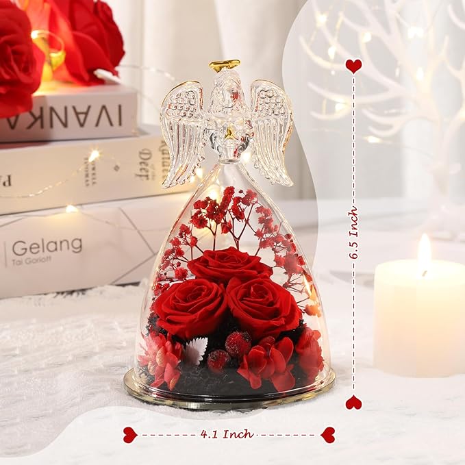 ANWEAO Preserved Flowers Birthday Gifts for Her Preserved Real Rose in Angel Glass Crystal Angel Figurines for Her Ideal Birthday,Mother's Day,Wedding,Valentine's,Christmas,Thanksgiving Day