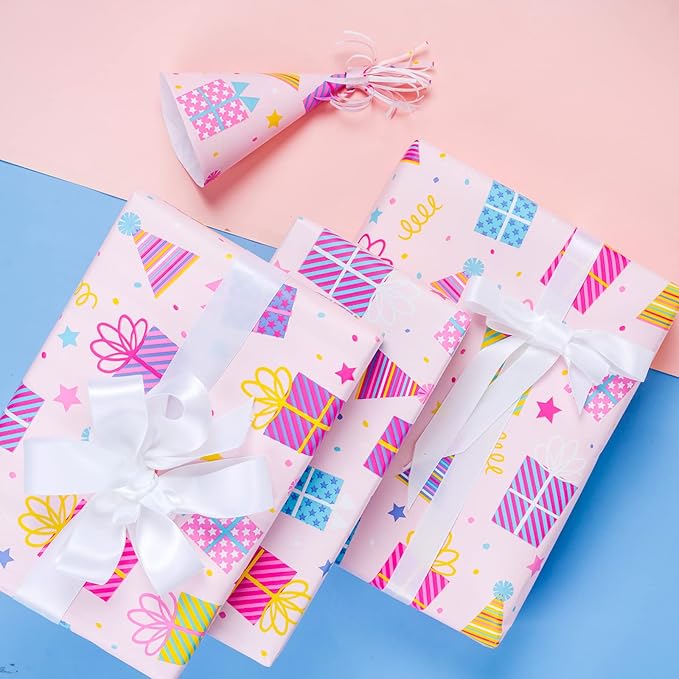 WRAPAHOLIC 30 Inch Girl Birthday Wrapping Paper - Pink Girl Wrapping Paper for Birthday, Holiday, Party, Baby Shower - 30 Inch x 33 Feet