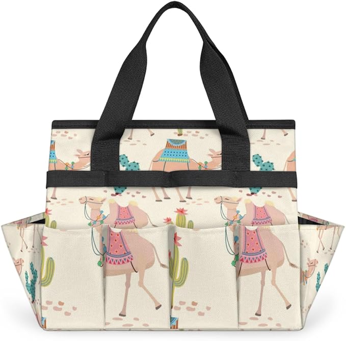 Garden Tool Tote Bag for Women Men Cartoon Camel Cactus Gardening Tool Storage Bags with 10 Pockets Standable Garden Home Tool Kits Organizer for Indoor Outdoor Gardening Gifts