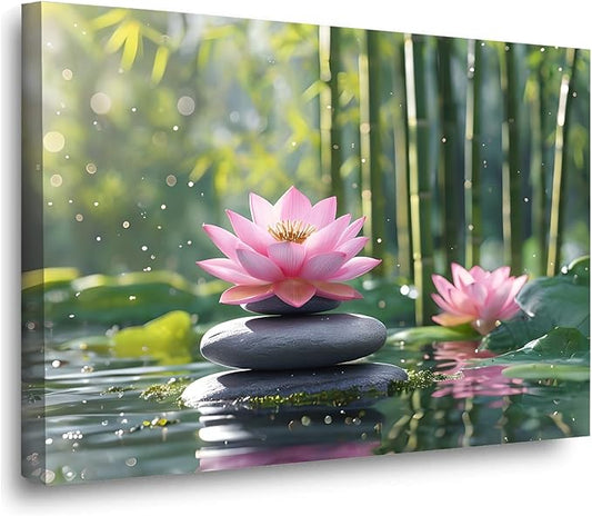 Ethereal pink lotus on obsidian Sunlit bamboo forest with sparkling water drops Poetic nature inspired wall art for tranquil homes and mindful spaces 8x12in Wood Framed
