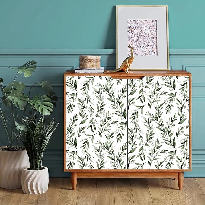 Erfoni Green Leaf Wallpaper Floral Peel and Stick Wallpaper 17.7inch x 196.8inch Greenery Leaves Self Adhesive Contact Paper Peel and Stick Olive Botanical Flowers Wall Paper for Bedroom Decor Vinyl