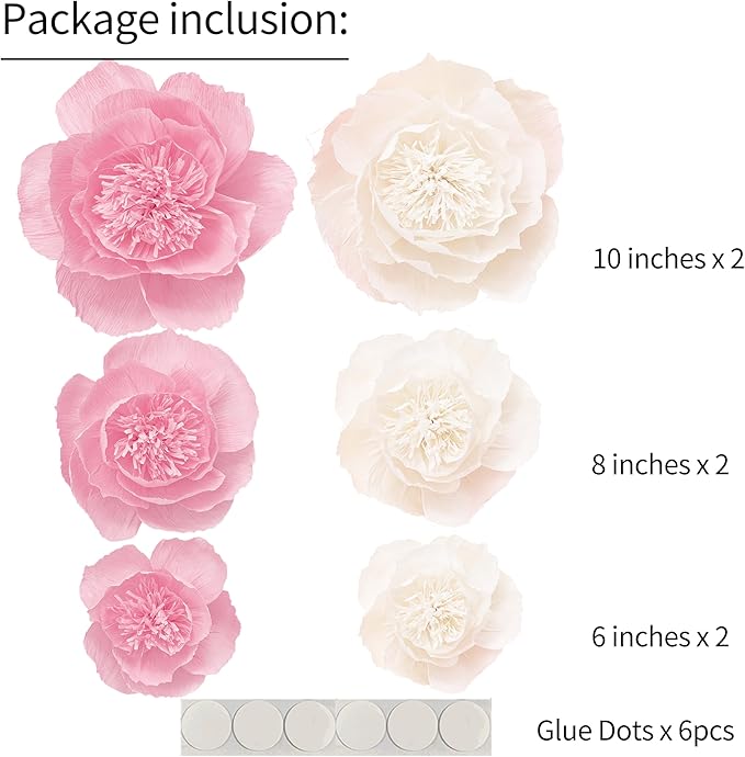 Crepe Paper Flowers Decoration for Wall, Flowers for Wedding Decor,Flower Backdrop Decor,Baby Shower,Birthday Party,Photo Backdrop,Archway Decor, Nursery Wall Decor (White+Pink ;Set/6)