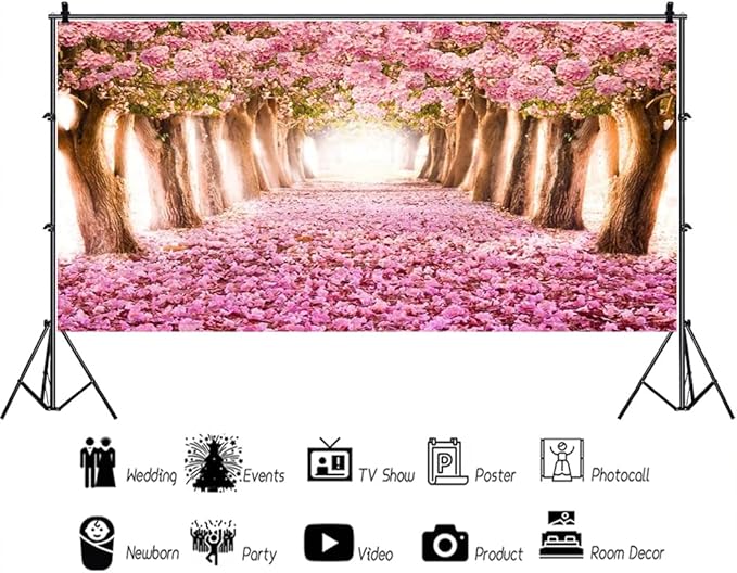 AOFOTO 15x8ft Spring Cherry Blossom Backdrop Sweet Pink Flowers Tree Floral Petal Boulevard Photography Background Baby Shower Photo Studio Props Girl Infant Adult Artistic Portrait Vinyl Wallpaper