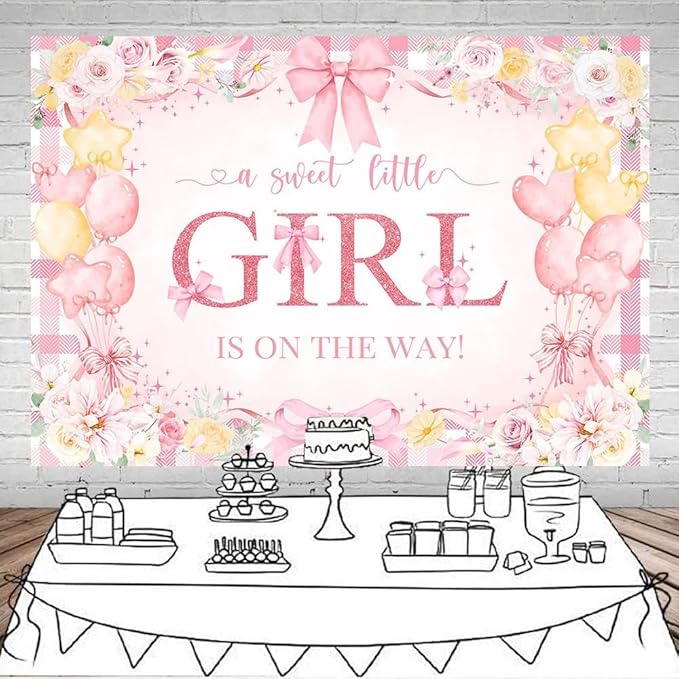 Mocsicka Bow Baby Shower Backdrop Pink Floral Baby Girl Shower Photo Background Banner Sweet Little Girl on The Way Decorations for Baby Shower Party Supplies Photo Props (10x7ft (120x82 inch))