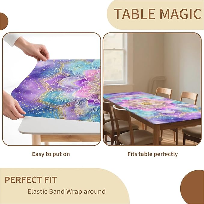 Rectangle Table Cloth Cover Waterproof Elastic Fitted Polyester Fitted Tablecloths for 6 Foot Tables for Indoor,Picnic, Camping, Outdoor （72" x 30"，Datura）