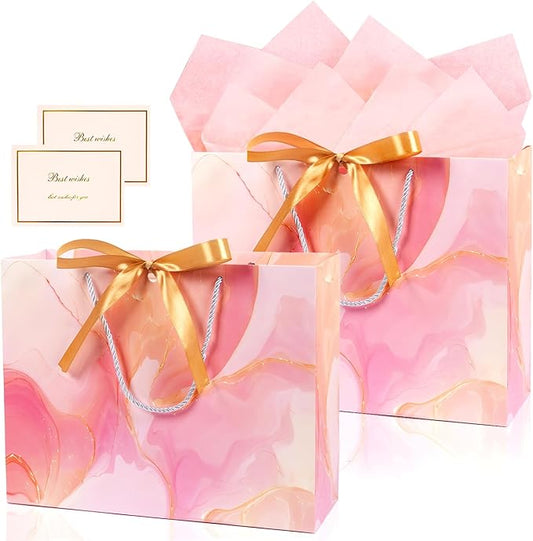 MAMUNU Pink Gift Bags, 2PCS 13” Large Gift Bags with Tissue Paper and Greeting Cards, Gift Bag with Handles Bow for Women Girls, Pink Gift Bags for Birthday Wedding Bridal Baby Shower Anniversaries