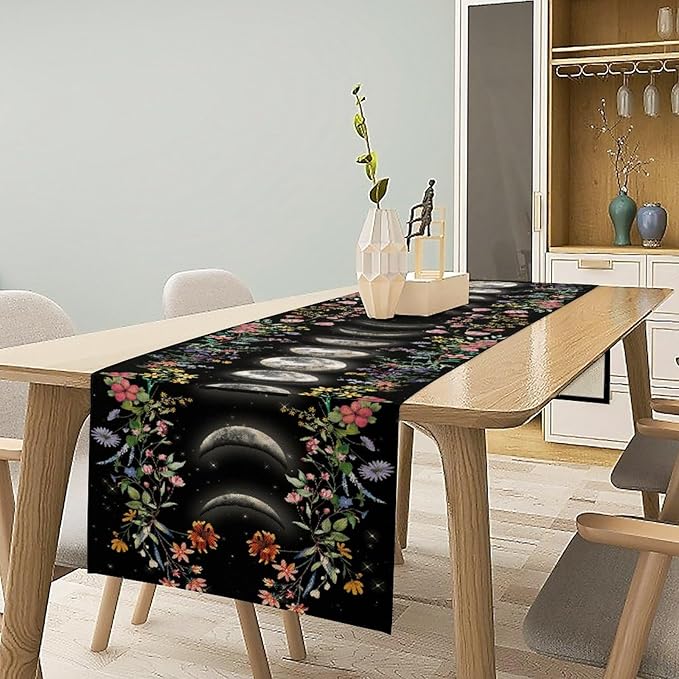 Boho Floral Table Runner, Spring Gothic Moon Phase Wildflower Mystical Witchy Farmhouse Coffee Table Center Decor for Home Kitchen Dining Patio Holiday Party Table Decorations 13x90 inches