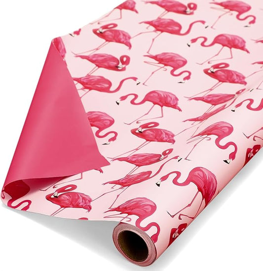 JarThenaAMCS Flamingo Wrapping Paper -Mini Roll- 17 Inch x 32.8Ft Double-Sided Pink Flamingo Gift Wrap Paper Tropical Art Paper for Summer Birthday Wedding DIY Crafts