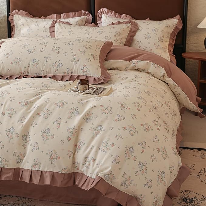 Rose Flower Duvet Cover Twin Girls Romantic Floral Bedding Set with Dusty Pink Ruffles 100% Cotton Floral Comforter Cover 1 Twin Duvet Cover with 2 Pillowcases Botanical Flower Ruffle Bedding Set