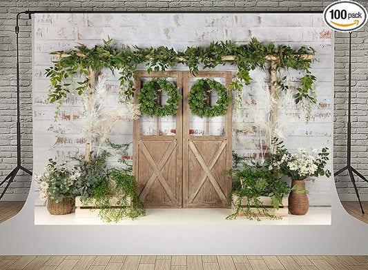 Kate Rustic White Painted Brick Wall Wood Door Photography Backdrops 20x10ft Spring Green Grass and Flowers Photo Backgrounds Baby Shower Backdrop Photoshoot Props