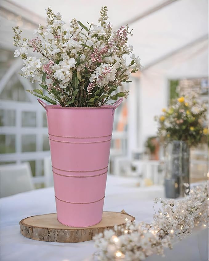 12 Inch Galvanized Metal Vases for Flowers - 6 Pcs Farmhouse Decorative Tall Flower Bucket with Handles, Rustic French Tin Planter Buckets for Wedding Decor (Pink)