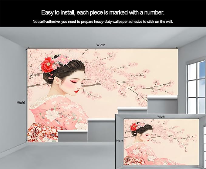 KIREUPA Japanese Cherry Blossom Wall Mural, Kimono Woman Geisha 3d Wall Murals, Oriental Beauty Wallpaper Mural, for Living Room Bedroom Large Wallpaper Indoor Decor 59" W x39.4 H