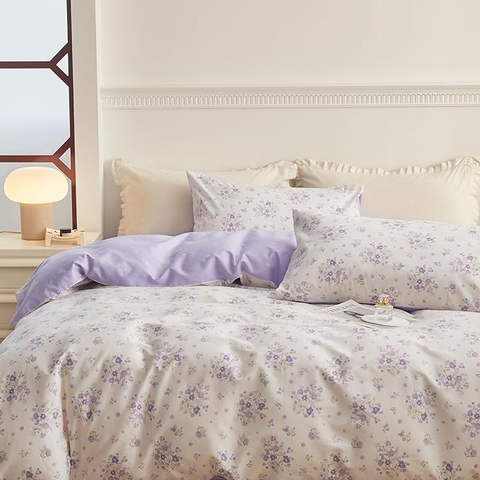 LifeTB Cotton Floral Duvet Cover Queen Vintage Style Purple Floral Bedding Set Chic Garden Flower Duvet Cover Boho Floral Botanical Comforter Cover with 2 Pillowcases Cottagecore Bedding Set Queen