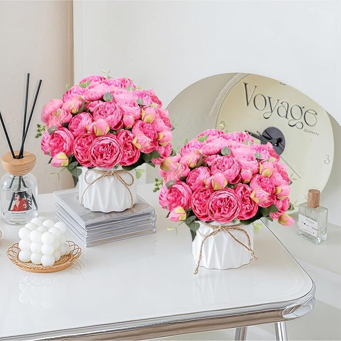 DEEMEI Artificial Peony Flower Silk Peonies Bouquet 4 Bundles Fake Flowers Bulk for Home Wedding Party Decor (Red Rose)