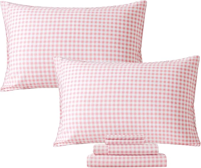 FADFAY Pink Plaid Full Size Sheets 100% Cotton Geometric Checker Bedding Teens Grid White Gingham Pattern College Bedding Deep Pocket Sheets with 2 Pillowcases Ultra Soft 4pcs, Full Size