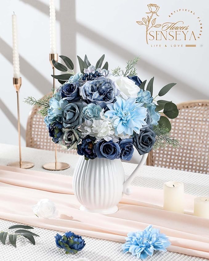 Senseya Artificial Flowers Combo Box for Decoration,Silk Mix Fake Flowers with Stems DIY Wedding Bouquets,Artificial Flowers Bulk Box Set Home Cake Decor (Blue)