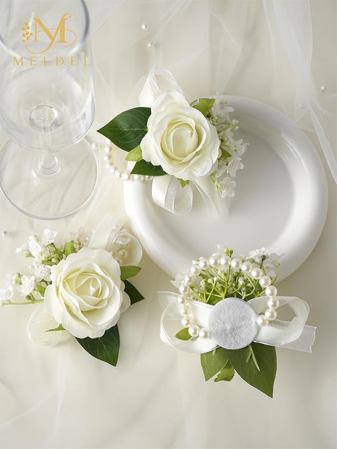 Meldel 6 Pcs Ivory White Rose Wrist Corsage for Wedding, Bride Bridesmaids Corsages, Pearls Bracelet Wrist Flower for Prom Homecoming Party, Wrist Corsage for Mother of Bride and Groom Wedding Decor