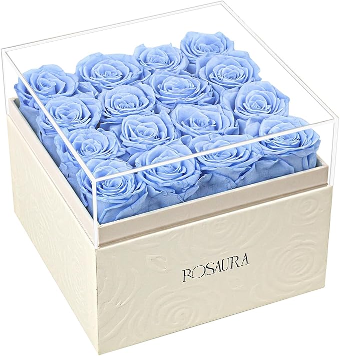 Rosaura Square Preserved Roses Gift Box - Real Forever Flowers in Clear Acrylic Lid, Valentine's for Women (Sky Blue, 16 Roses)