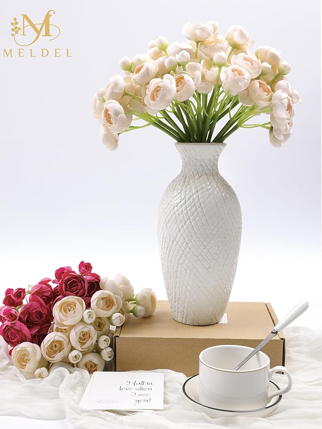 Meldel 32Pcs Ranunculus Artificial Flower, Faux Light Champagne Ranunculus Flowers for DIY Bouquet, Bulk Fake Peony Wedding Filler Flowers for Centerpieces Arrangements Bridal Shower Decorations
