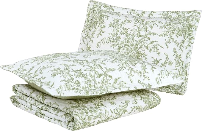Laura Ashley - King Quilt Set, Soft & Reversible Cotton Floral Bedding with a Medium Weight Feel, 3 Piece Bed Set with Matching Pillowcases (Bedford Green/Off-White)
