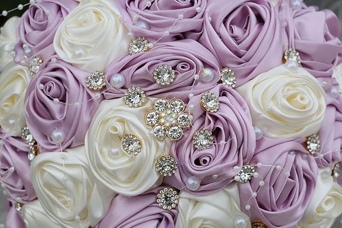 Bridal Wedding Bouquet Round Bling Brooch Bouquet Throw Toss Artificial Rose Flower Bunch for Bride Bridesmaid Wedding Quinceanera(Light Taro Purple & Ivory, 6.3")