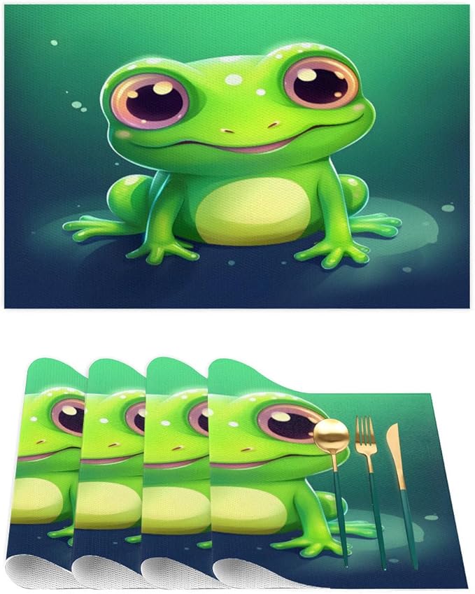 Frog Animal Green Placemats Set of 1 PVC Vinyl Non Slip Table Mats Waterproof Heat Resistant Place Mats Washable Wipeable Dining Table Mat for Kitchen Party Farmhouse Indoor Outdoor Decorative